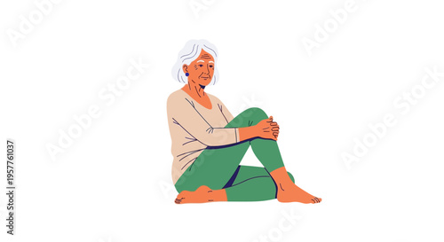 Sitting person with crossed legs in casual beige top and green pants. Vector Illustrations. EPS Editable