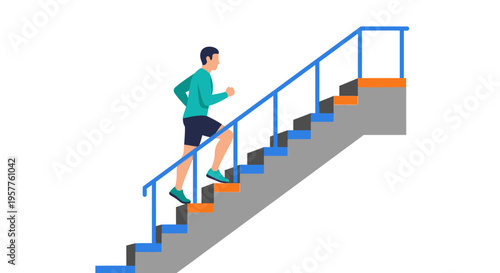 Person Walking Up a Modern Staircase. Vector Illustrations. EPS Editable