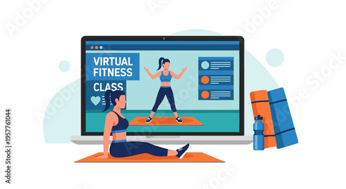Virtual fitness class on laptop showing home workout. Vector Illustrations. EPS Editable
