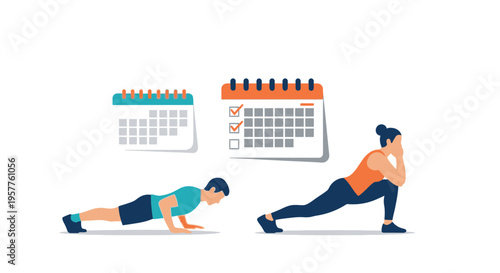 Two People Exercising In Dynamic Fitness Scene. Vector Illustrations. EPS Editable