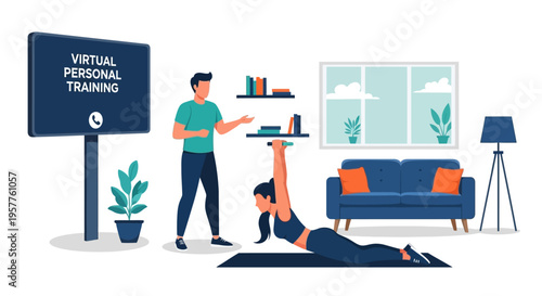 Virtual Personal Training Session at Home. Vector Illustrations. EPS Editable