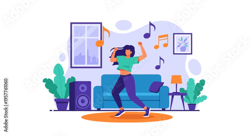 Woman dancing indoors in living room with music. Vector Illustrations. EPS Editable
