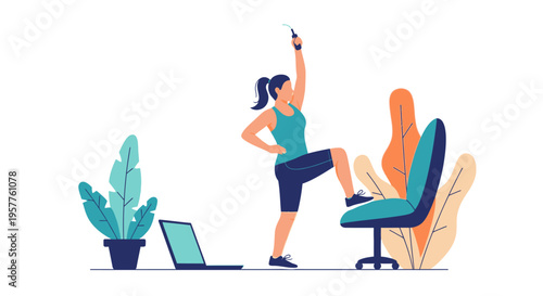 woman exercising at home workout with chair and laptop. Vector Illustrations. EPS Editable