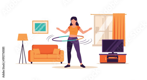 Woman Hula Hoop Movement In Living Room. Vector Illustrations. EPS Editable