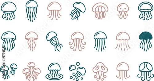 A charming collection of minimalist jellyfish icons in various shapes and styles, rendered in teal and coral colors.