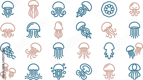 A charming collection of various jellyfish icons, showcasing unique sea creatures in simple, artistic outline styles.