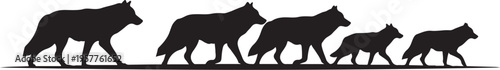 Silhouette of wolf pack walking in line together outdoors