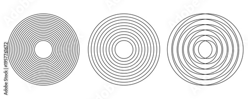 Black concentric circle set. Sonar or sound wave ring collection. Dotted and linear epicentre, target, radar icon concept. Ripple radial signal or vibration elements.