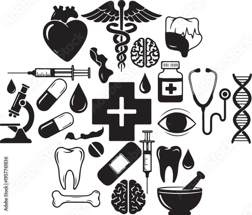 Medical symbols and icons in black and white illustration