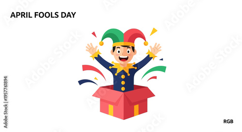 A cheerful jester emerges from a red box with colorful confetti on April Fools' Day, conveying a joyful and playful mood with a mix of green, red, and blue hues