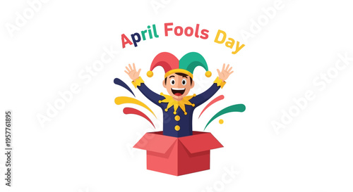 A cheerful jester emerges from a red box with colorful confetti, celebrating April Fools' Day with a joyful and playful mood