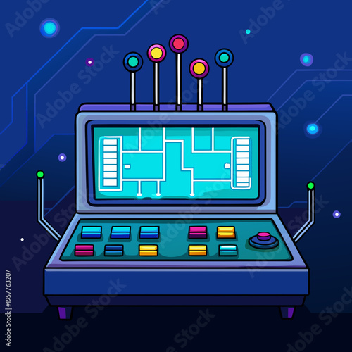 A futuristic electronic control panel with glowing circuits and a schematic display on a dark, circuit-patterned background, showcasing advanced technology and complex systems.