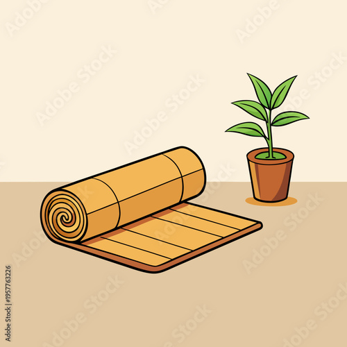 A rolled bamboo mat rests beside a small potted plant in a simple interior setting.