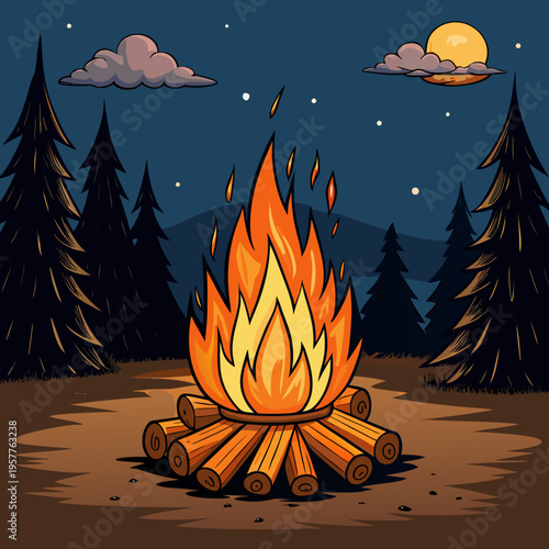 A vibrant bonfire with flickering orange flames burns brightly at night within a dark forest setting, casting a warm glow on the surrounding trees and ground.