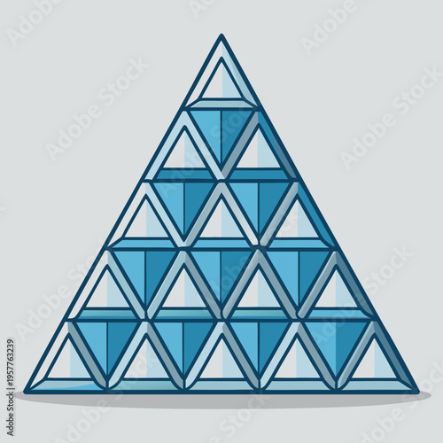 A tiered abstract geometric data structure composed of overlapping transparent blue and white triangles