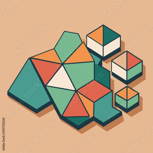 Abstract geometric polygon shapes and isometric cubes in teal, orange, and red arranged loosely