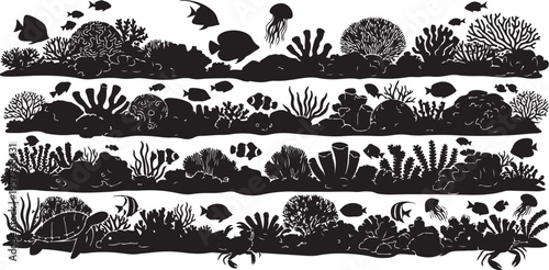 Underwater ocean coral reef with fish and seaweed silhouettes
