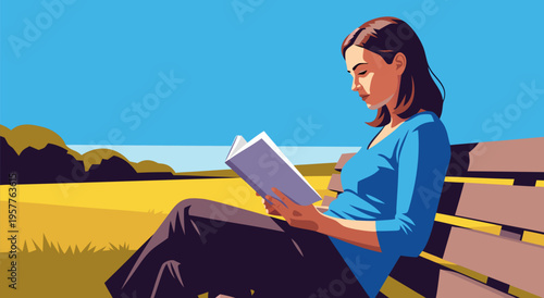 A serene vector illustration of a woman enjoying a book on a park bench on a sunny day, capturing a moment of peaceful leisure