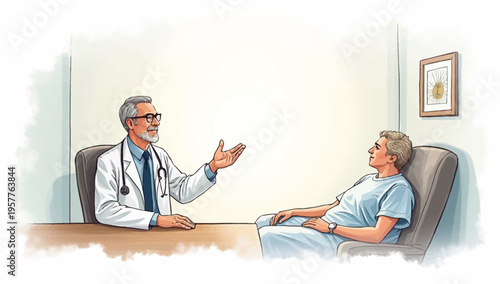 A professional senior male doctor in a white coat with a stethoscope consulting and talking to a young male patient in a medical clinic office illustration.