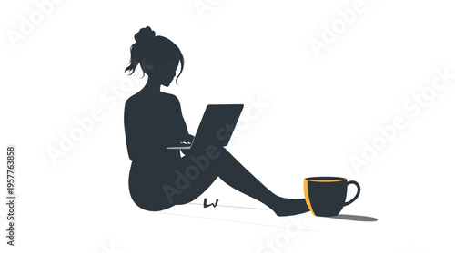 Creative minimalist illustration of a female freelancer sitting and using a laptop computer with a large coffee mug
