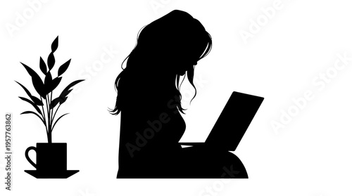 Minimalist Silhouette Illustration of a Creative Woman Working on a Laptop with a Potted Plant and Coffee Cup on White Background
