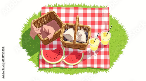 High quality 2D flat vector illustration of a summer picnic scene featuring wicker baskets, fresh watermelon slices, and lemonade on a red checkered blanket.