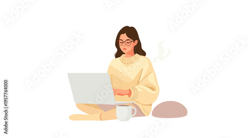 Modern flat vector illustration of a young woman with glasses working on a laptop while sitting comfortably with a cup of coffee