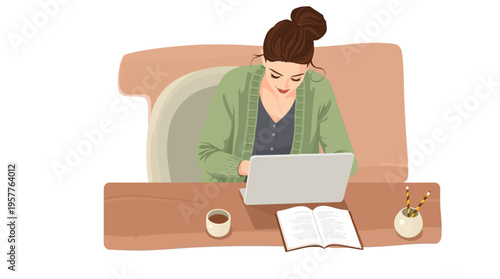 Modern flat vector illustration of a young woman working on a laptop at her desk with coffee and books.