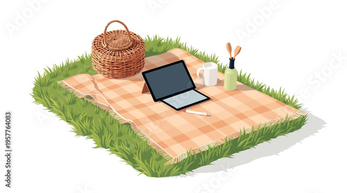Professional 2D flat illustration of a modern picnic setup on green grass featuring a tablet, wicker basket, and coffee mug.