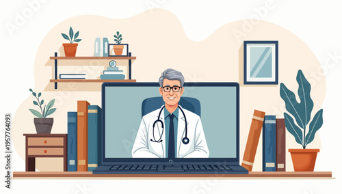 Professional male doctor providing online medical consultation via laptop screen in a cozy home office setting illustration
