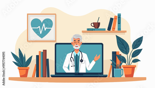 Professional senior male doctor providing online medical consultation via laptop in a modern office setting with plants and books