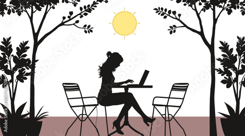 Silhouette of a professional woman working on a laptop at an outdoor cafe terrace under a bright sun surrounded by trees