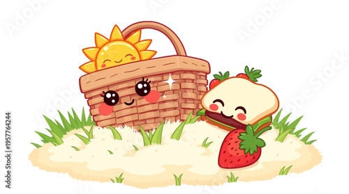Super cute kawaii style illustration of a picnic basket with a smiling sun, happy sandwich, and fresh strawberry on grass