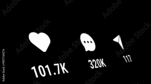 Social network smartphone screen animation increasing likes comments reposts icons engagement tracking digital social media