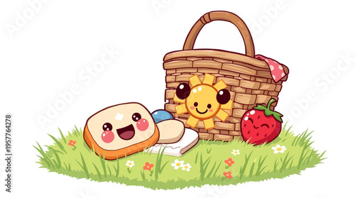 Adorable kawaii picnic scene featuring a happy bread slice strawberry and sun basket on a grassy patch