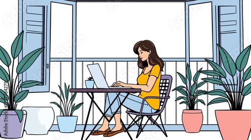 Vibrant vector illustration of a young woman working remotely on a laptop at a balcony table with potted plants