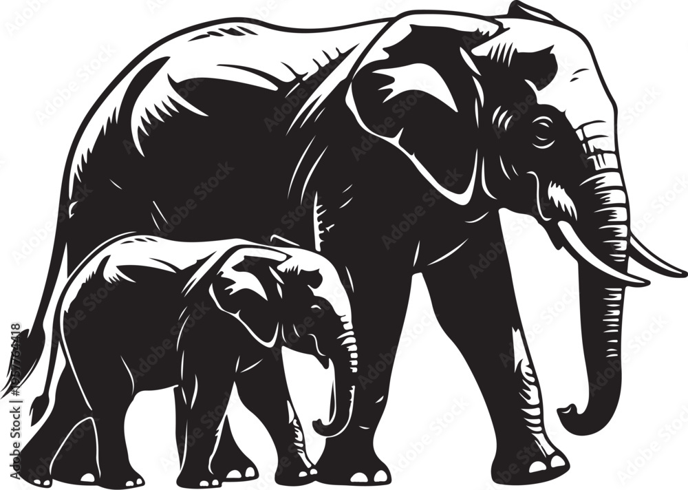 Fototapeta premium Mother Elephant and Calf Walking Together in Black Silhouette