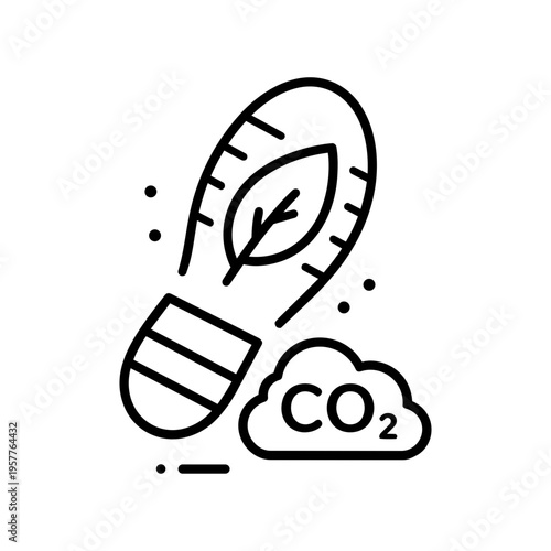Carbon Footprint Tracking Icon, Minimalist Black Line Vector Illustration of a Footprint with a Leaf and CO2 Cloud on White Background, Representing Environmental Impact and Eco-Friendly Living.