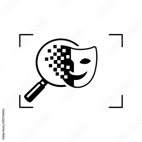 Deepfake detection minimalist black line vector icon illustration featuring a magnifying glass inspecting a pixelated digital mask, representing artificial intelligence and identity verification.