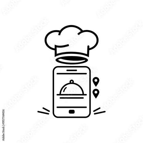 Minimalist black line vector icon illustration of a dark kitchen or ghost kitchen concept, featuring a smartphone with a chef hat and food cloche, representing online food delivery and apps.