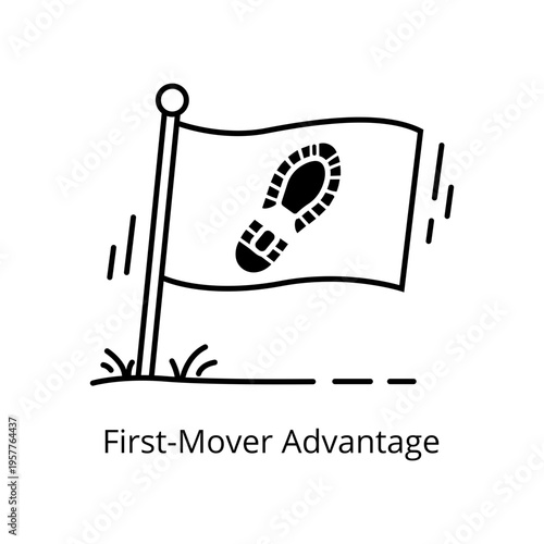 First-Mover Advantage minimalist black line vector icon illustration on white background featuring a flag with a footprint, representing leadership, pioneering, and strategic market entry.