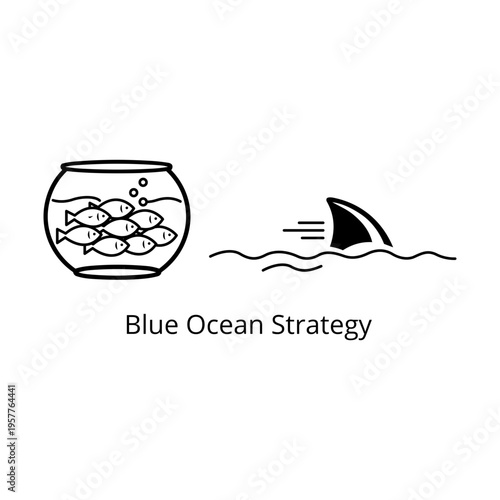 Blue Ocean Strategy minimalist black line vector icon illustration on white background. Features a crowded fishbowl and a shark fin in open water, representing market competition and innovation.