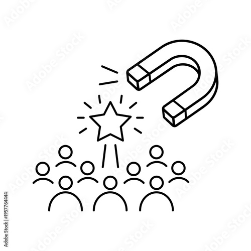 Talent acquisition and recruitment vector icon illustration featuring a magnet attracting a star from a group of people, representing human resources, hiring top talent, and headhunting.