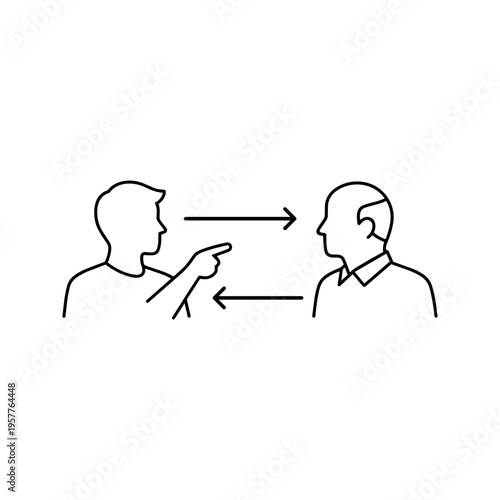 Reverse Mentoring Vector Icon: Minimalist black line illustration of a young and old person exchanging knowledge with arrows, representing intergenerational learning, coaching, and communication.