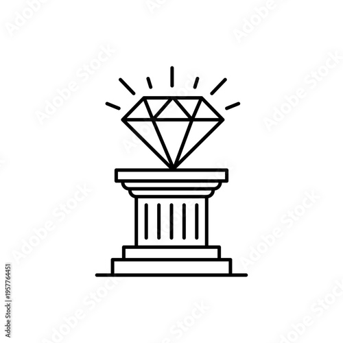 Minimalist black line vector icon illustration of a shining diamond gem on a classical pedestal column, representing value proposition, excellence, premium quality, and success on white.