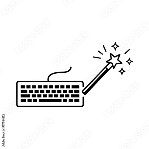 Minimalist black line vector icon illustration of a computer keyboard with a magic wand and stars, representing prompt engineering, artificial intelligence, and digital creativity on white.