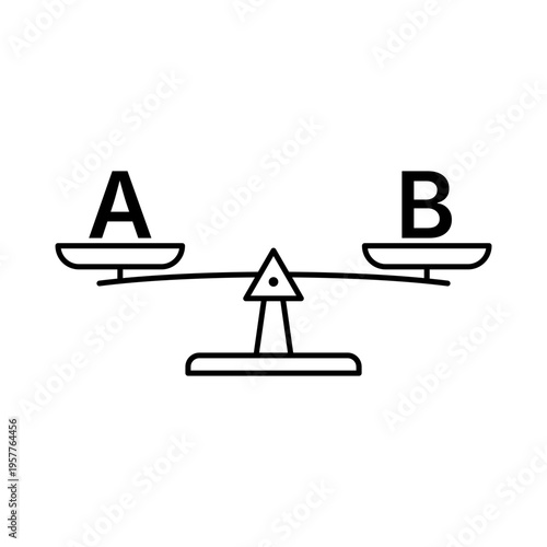 Minimalist black line vector icon illustration of a balance scale with letters A and B on a white background, representing A/B testing, marketing comparison, and data-driven decision making.