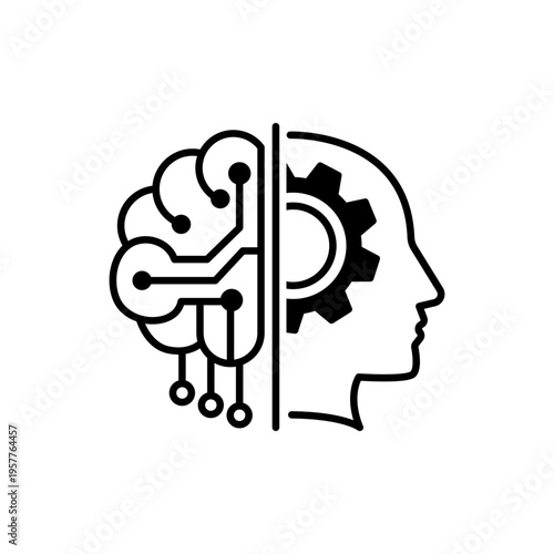 AI Integration Vector Icon Illustration: A minimalist black line art design on a white background featuring a human head profile merged with a digital brain circuit and mechanical gear symbol.