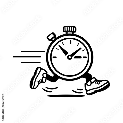 Agile sprint concept minimalist black line vector icon on white background, featuring a running stopwatch with legs and sneakers to represent speed, efficiency, and time management.
