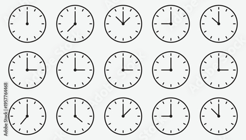 Multiple analog clocks showing various times
